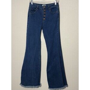 C'est Toi Black‎ Label Jeans Junior 9/28 Blue Dark Wash High-Rise Flare Raw Hem